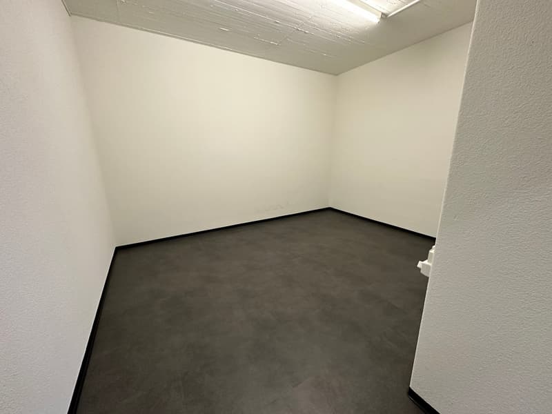 empty room, white walls, grey floor, fluorescent lighting