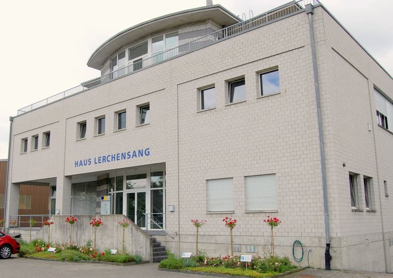 Two-story white brick building, entrance with glass doors, multiple windows, red flowers in pots, small garden with plants and greenery.