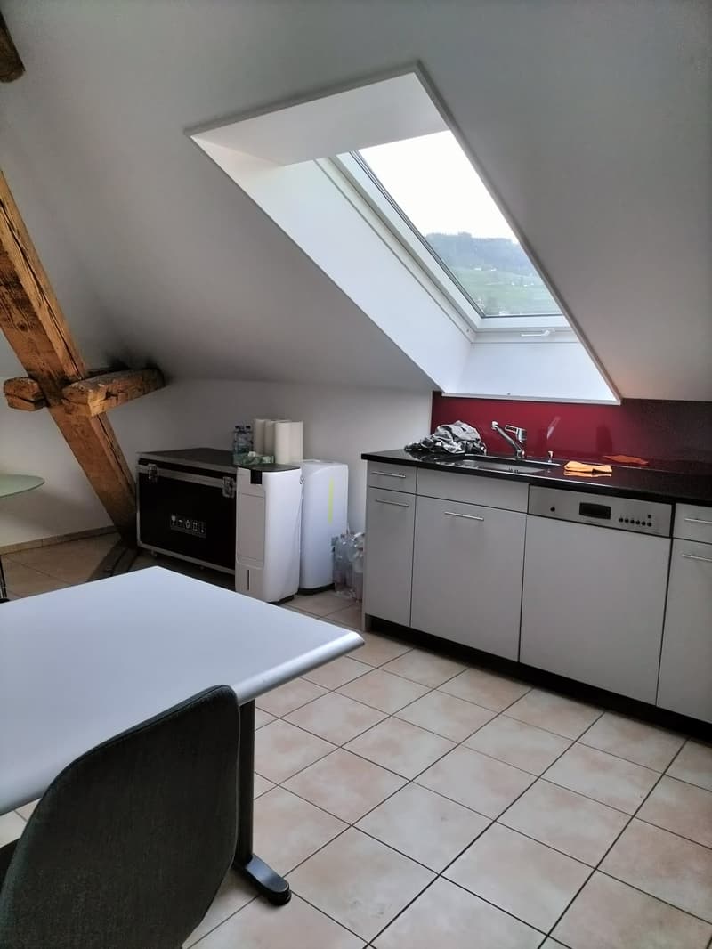 Attic kitchen with slanted ceiling, large skylight window, black countertops, white cabinets, and kitchen appliances
