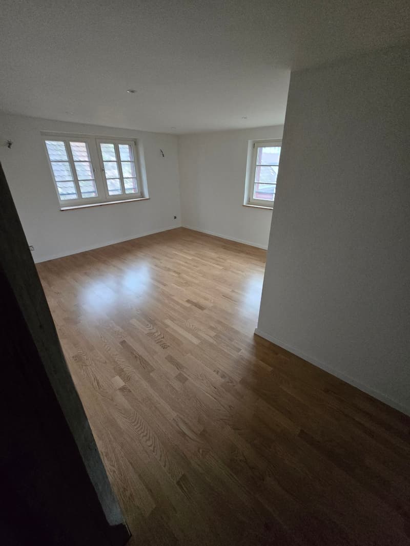 empty room, hardwood floor, two windows, white walls