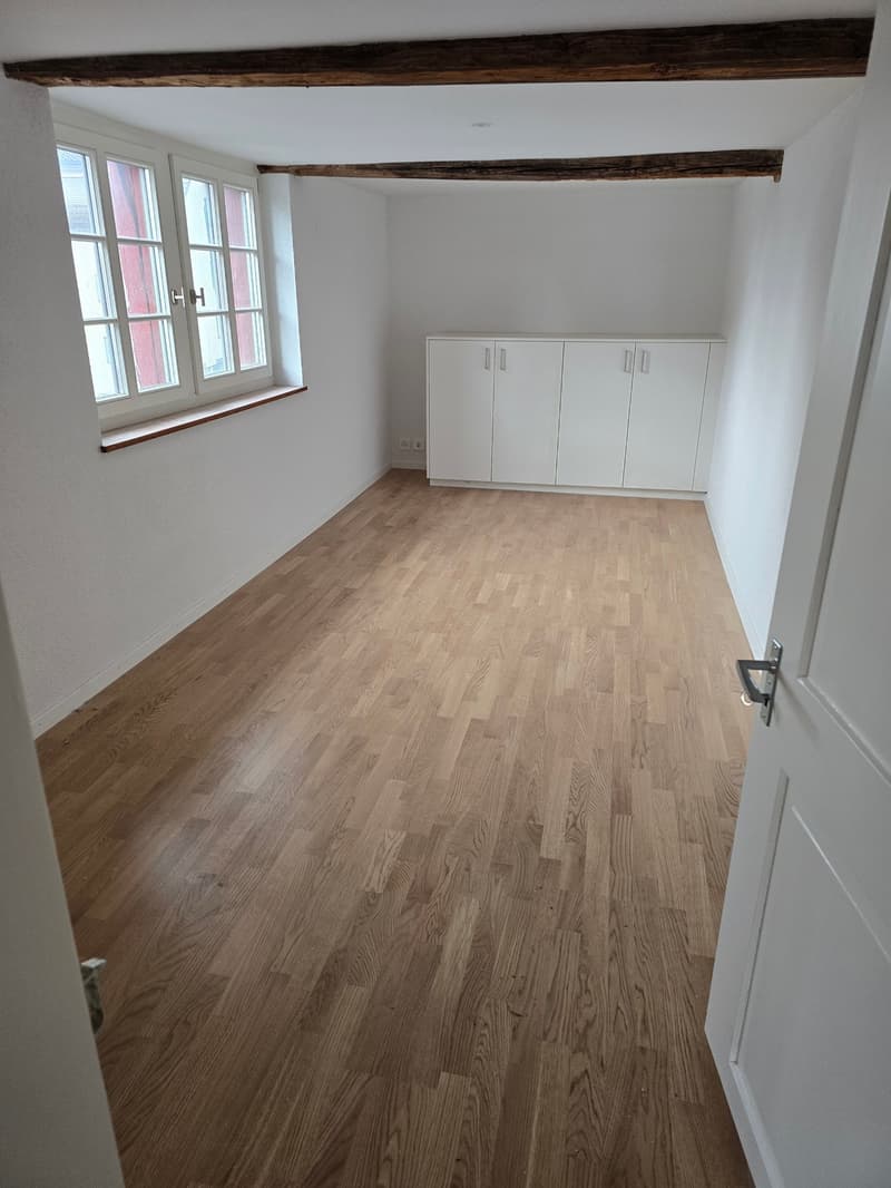 empty room, wooden flooring, large window, white cabinet