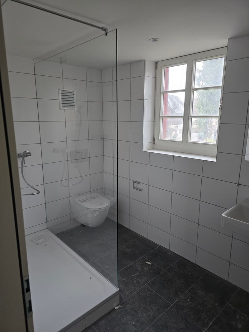 Shower, sink, toilet, glass shower enclosure, white tiles, white floor, window