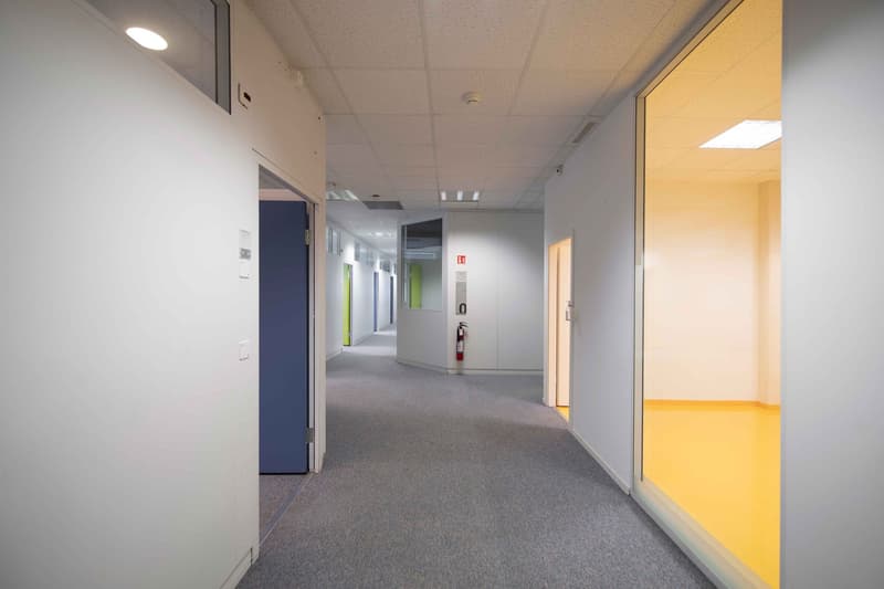 Empty hallway with gray carpeted floor, white walls, ceiling with lights, blue and green doors, and fire extinguisher