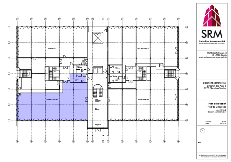 Commercial space on the ground floor with multiple rooms and a communal hall