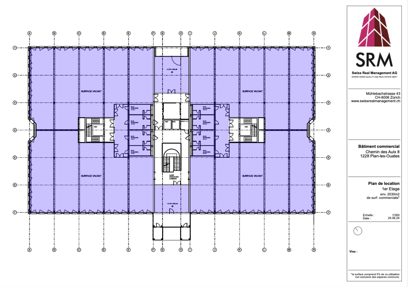 Commercial building floor plan, multiple rooms and corridors, 8 floors.