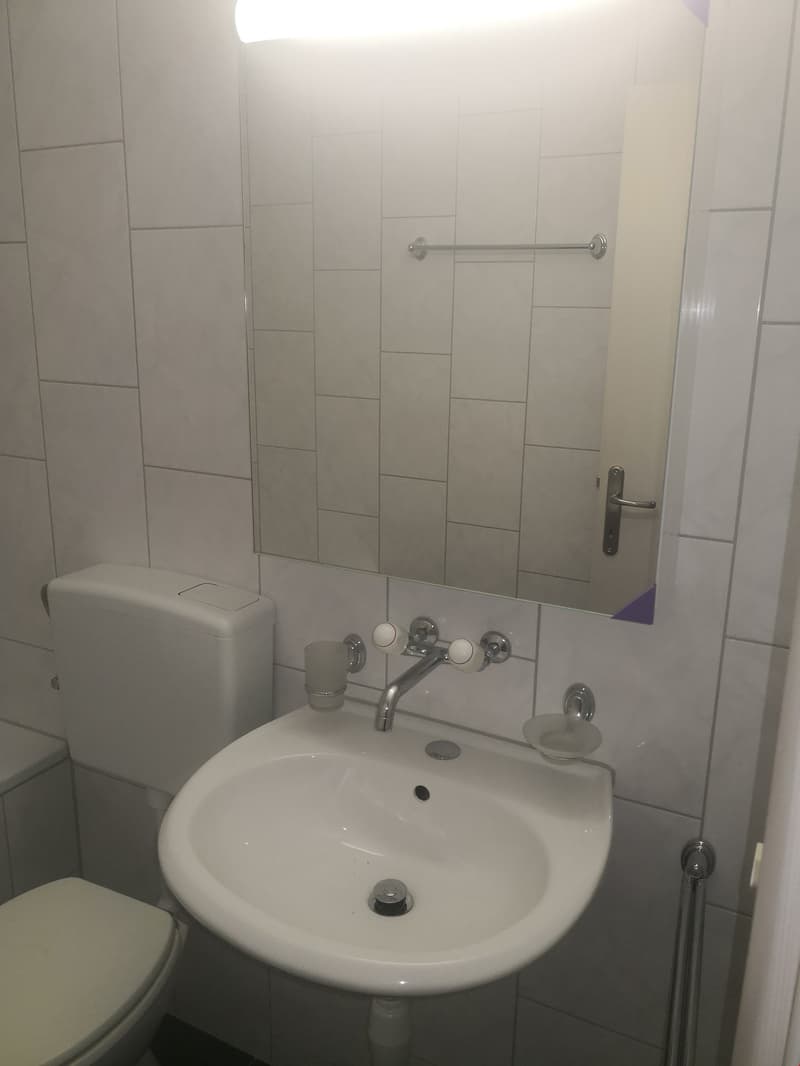 The image shows a bathroom with white tiles on the walls, a white sink with a faucet, and a toilet. The bathroom appears to be clean and well-maintained.