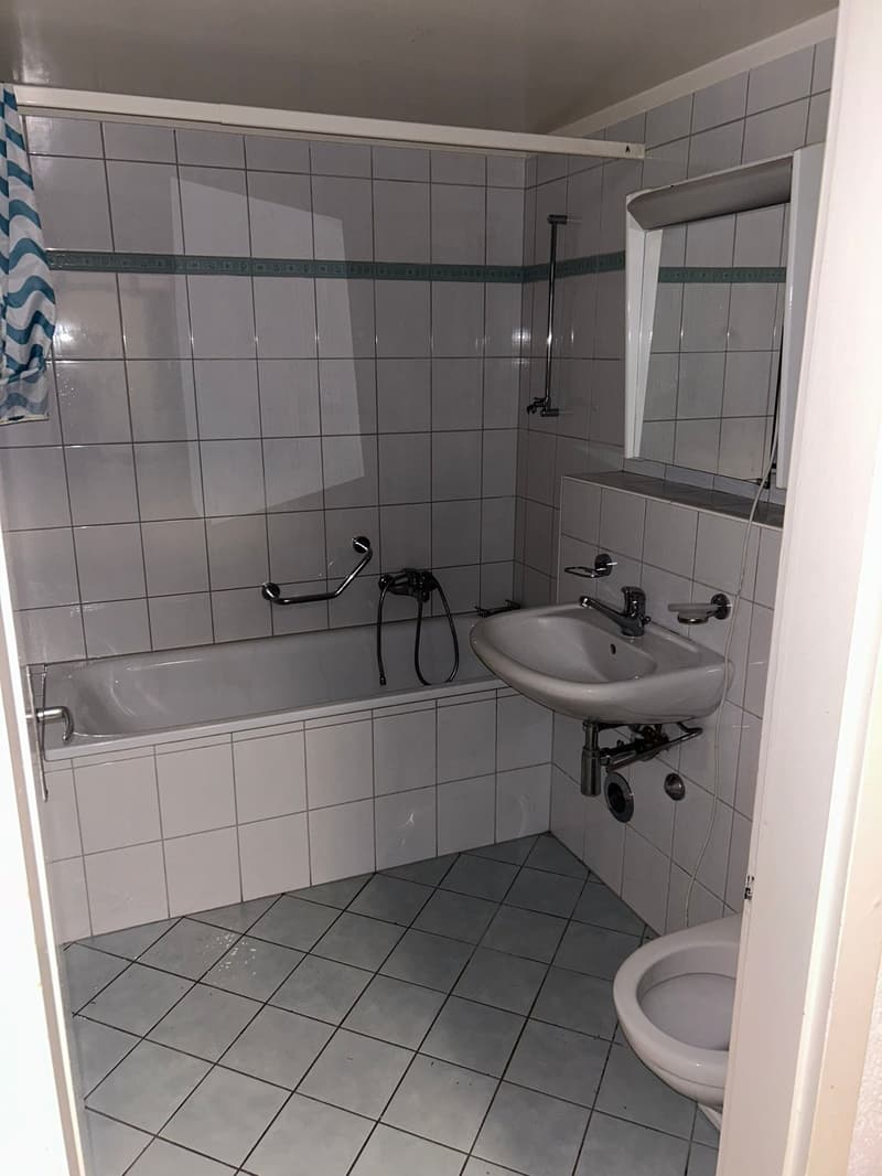 Bathroom with bathtub, sink, and toilet, white tiles, mirror, shower head