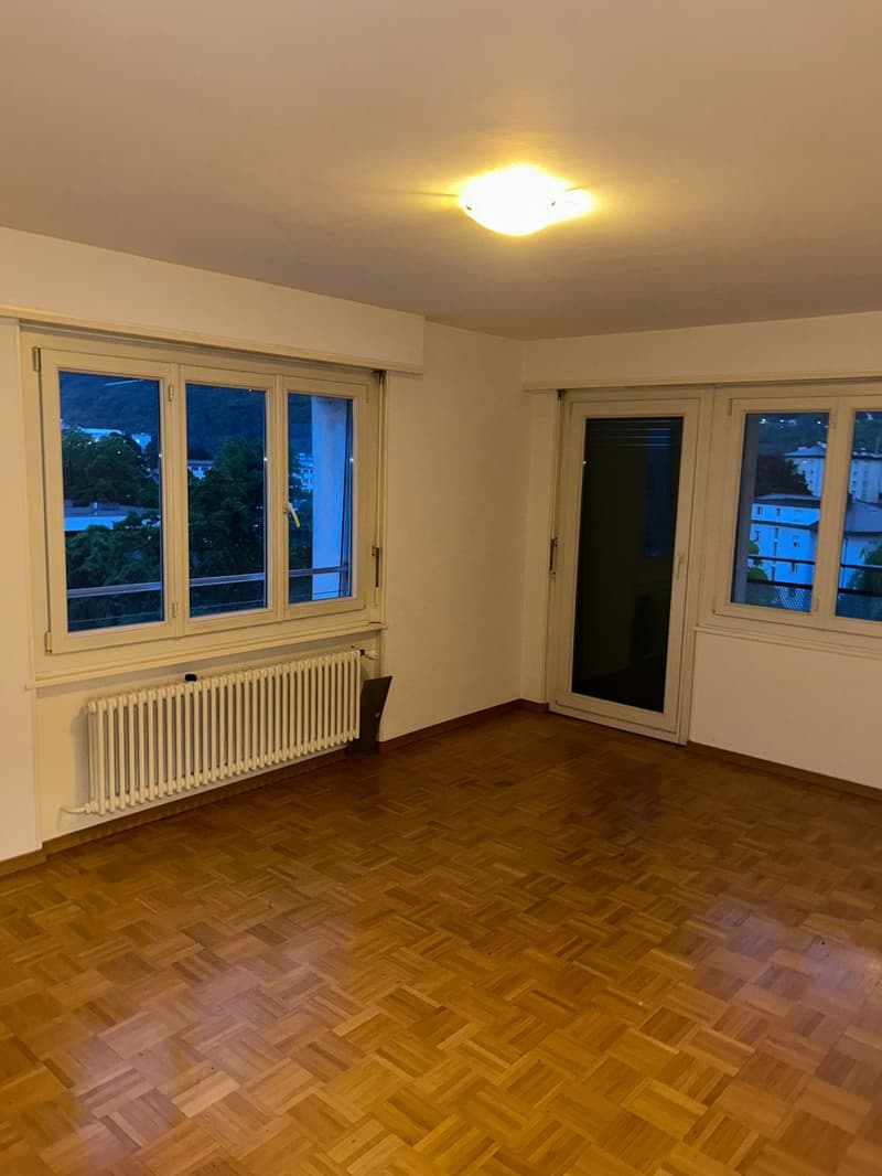 empty room, wooden floor, white walls, large windows, sliding door, radiator, ceiling light