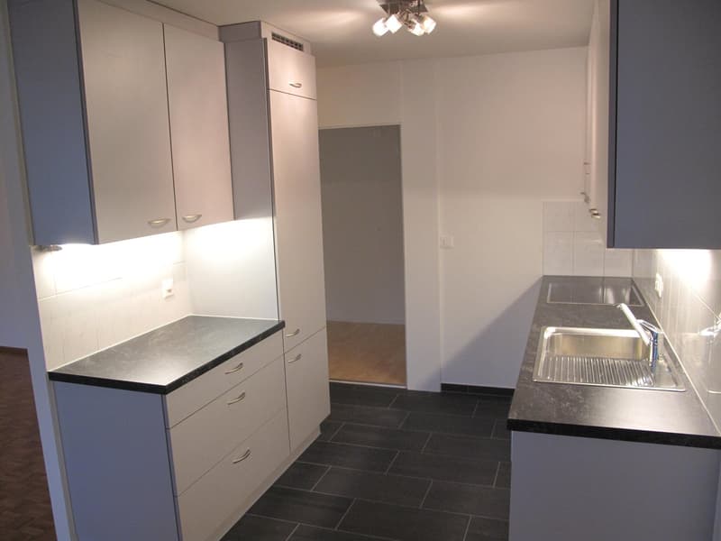 modern kitchen with white cabinets, black countertops, stainless steel sink, and appliances