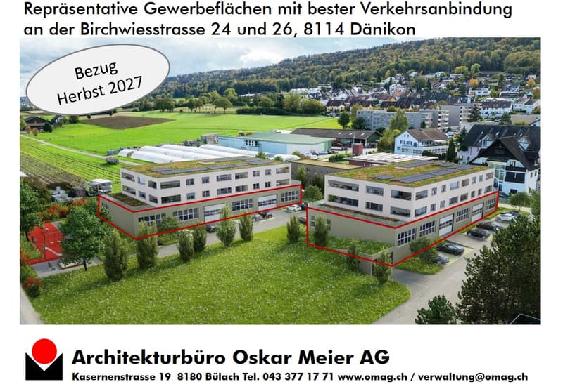Two commercial buildings, Birchstrasse 24 and 26, Dänikon, availability from Autumn 2027, well-connected with transportation, flat terrain, solar panels on roofs, red-outlined areas on buildings, green landscaping, surrounding houses and buildings, distan