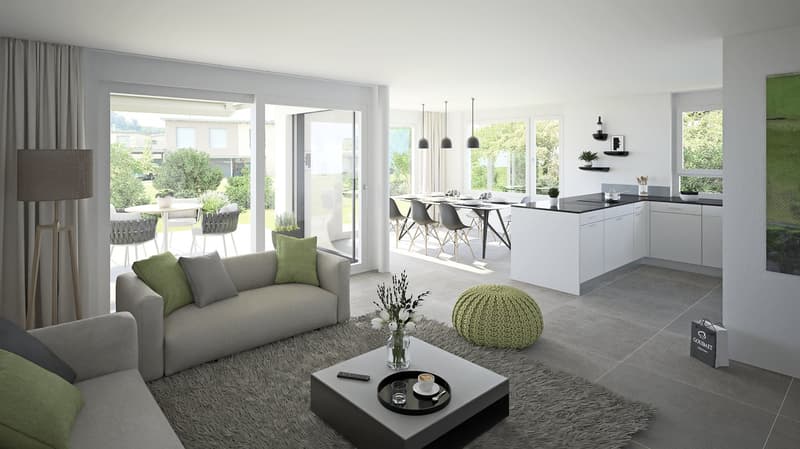 Open-concept living room and kitchen with large windows, grey sofa, green accent pillows, coffee table, dining table and chairs, modern kitchen with white cabinets and countertops, pendant lighting, and access to a balcony or terrace.