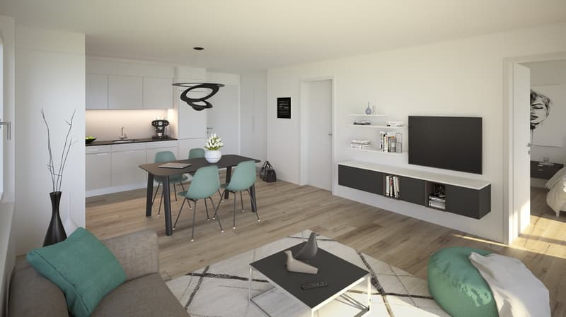The image shows an open-concept living room and kitchen area. The kitchen features white cabinets and a black countertop, with a dishwasher visible. The living room has a gray sofa, a black coffee table, and a wall-mounted TV unit. The dining area has a w