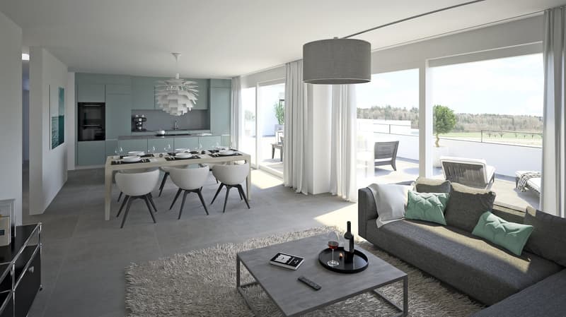 Open-concept living room and kitchen with large windows offering a scenic view. The living room features a grey sofa with decorative pillows, a coffee table, and a shag rug. The kitchen has grey cabinets, a dining table with white chairs, and a modern pen