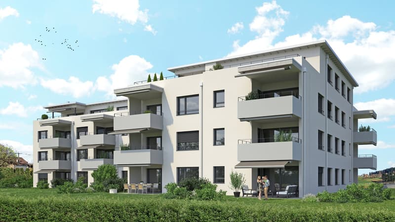 A modern, multi-story apartment building with clean, minimalist design. The building has several balconies and terraces, and is surrounded by greenery and landscaping.