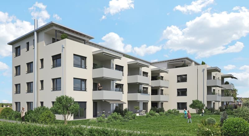Multi-story apartment building with modern, minimalist design. The building has several balconies and terraces, and is surrounded by a well-landscaped green area with trees and plants.