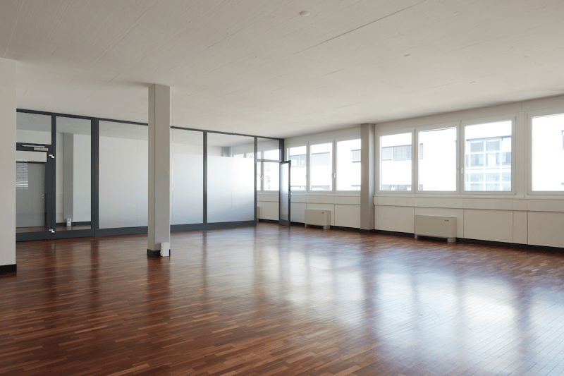 open space, hardwood floors, large windows, high ceiling
