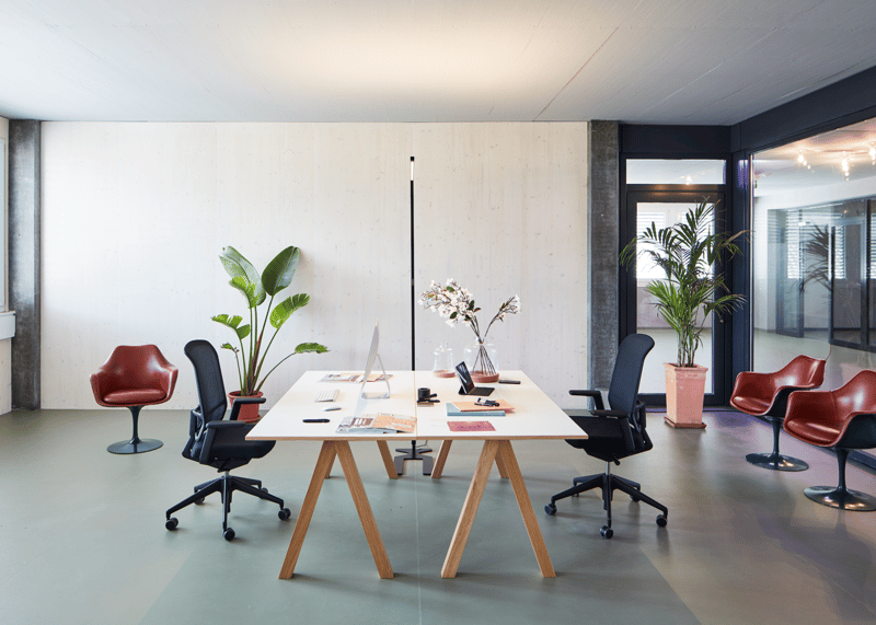 desk, 4 chairs, 2 plants, monitors, books, and a vase with flowers