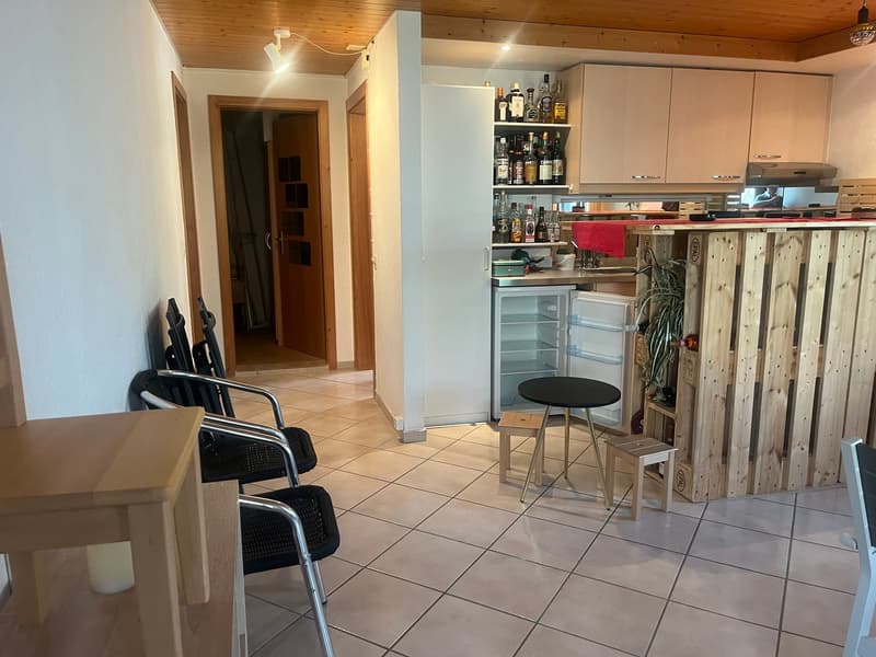 Teilansicht Einliegerwohnung im UG; Küche/Bar; rechts Schlafraum; links Dusche(