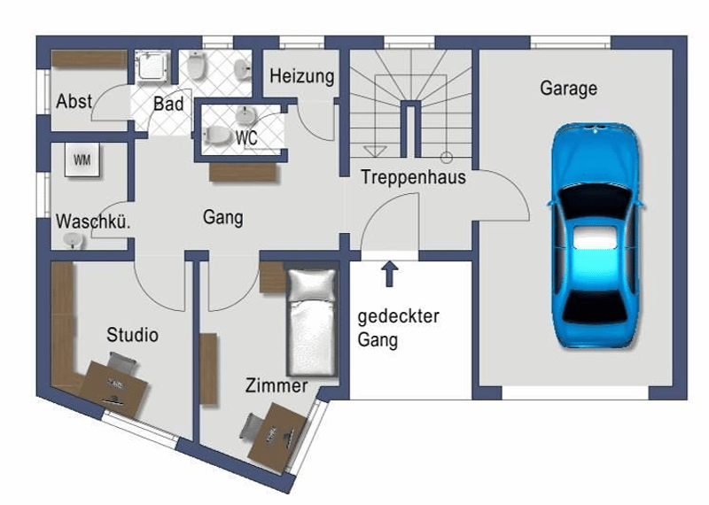 Apartment: storage, bathroom, bathroom with washing machine, covered corridor, studio, room, hall, staircase, heating, entrance hall, garage