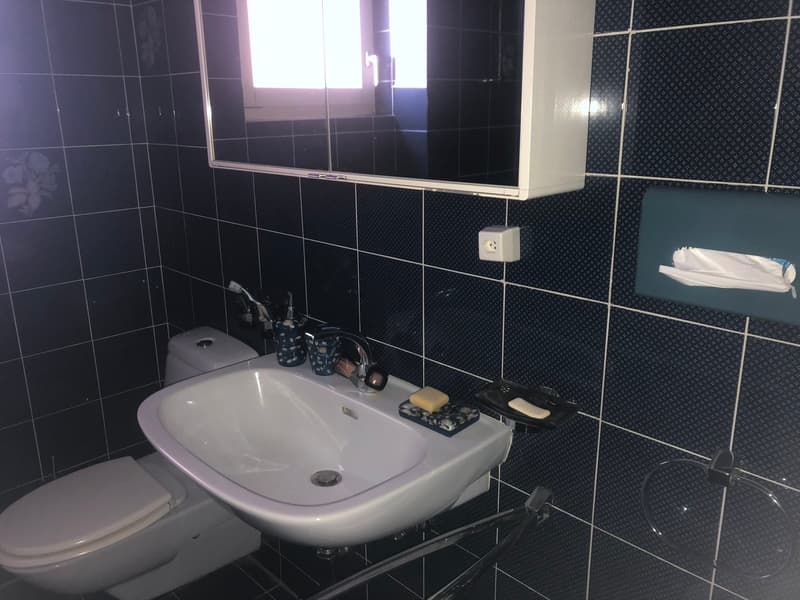 Bathroom with toilet, sink, soap dish, and electric outlet mounted on blue tiled wall