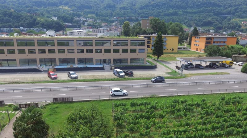 A large building with many windows, a green roof, and a parking lot with several cars parked in front of it. The building is surrounded by trees and grass, and there is a road with cars driving on it. In the distance, there are more buildings and a mounta