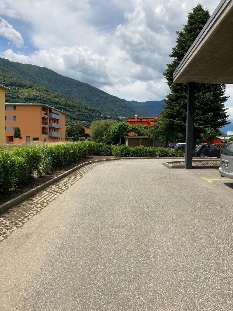 Empty parking lot, concrete floor, bushes, mountains in the background, buildings