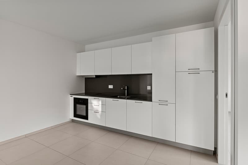 Modern, minimalist kitchen with white cabinets, black countertops, built-in oven, and dishwasher