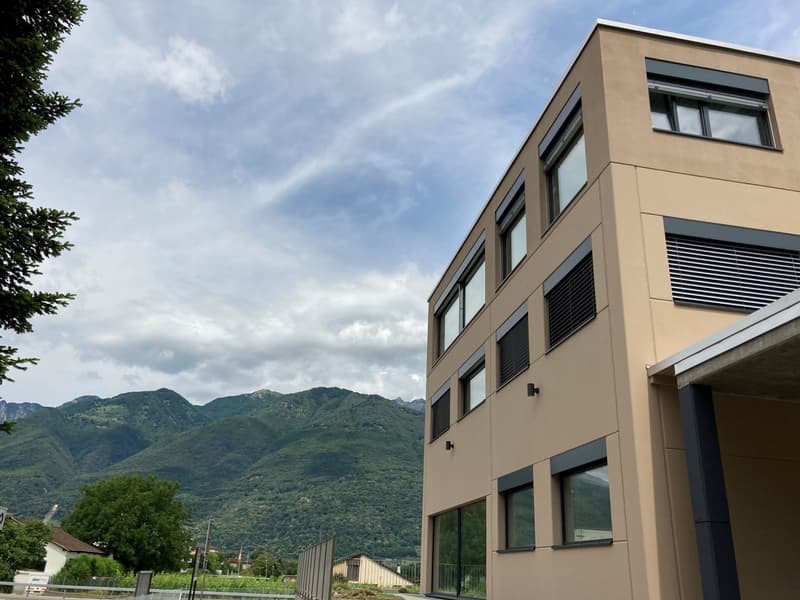 Modern building with multiple windows, beige exterior, mountains in the background