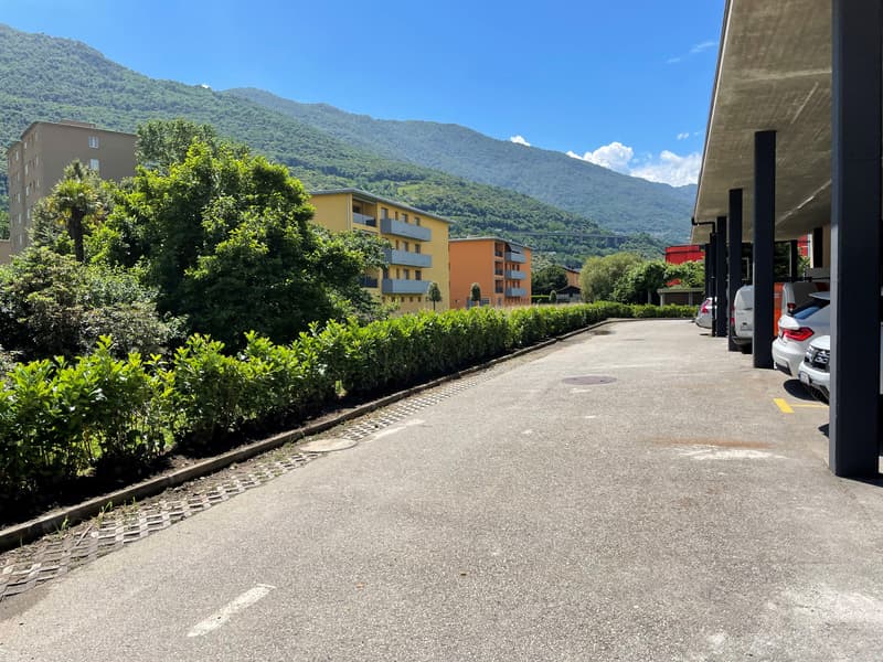 Empty parking area with bushes, buildings, and mountains in the background