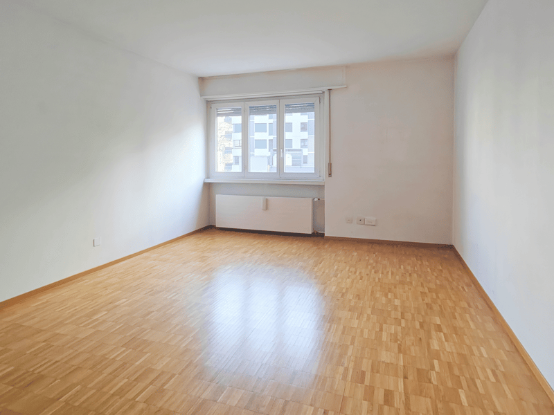 empty room, white walls, window, radiator, parquet floor