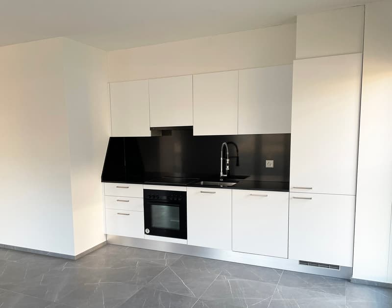 Modern white kitchen cabinets, black countertop, built-in oven, sink with faucet, tiled floor