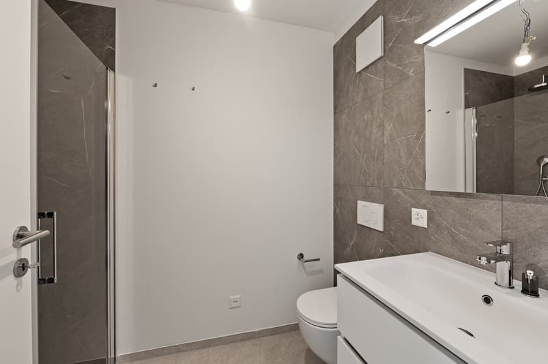 modern design, white tiled walls, gray tiles, shower stall, white toilet, sink with faucet, mirror