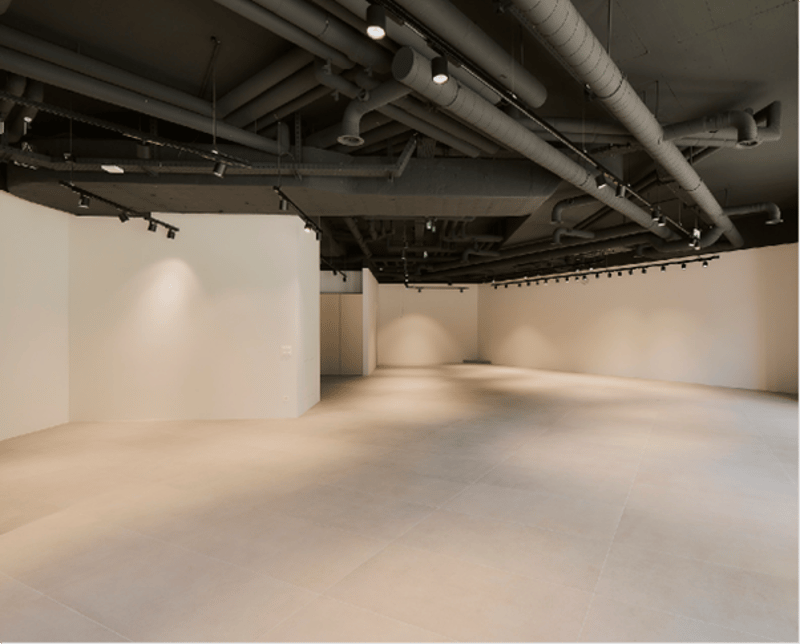 Large open space with white walls, exposed ceiling with ventilation ducts and track lighting, concrete floor