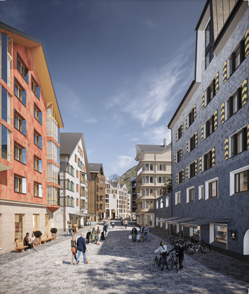 Colorful multi-story buildings, pedestrians walking on the street, bicycles parked, shops and restaurants along the street