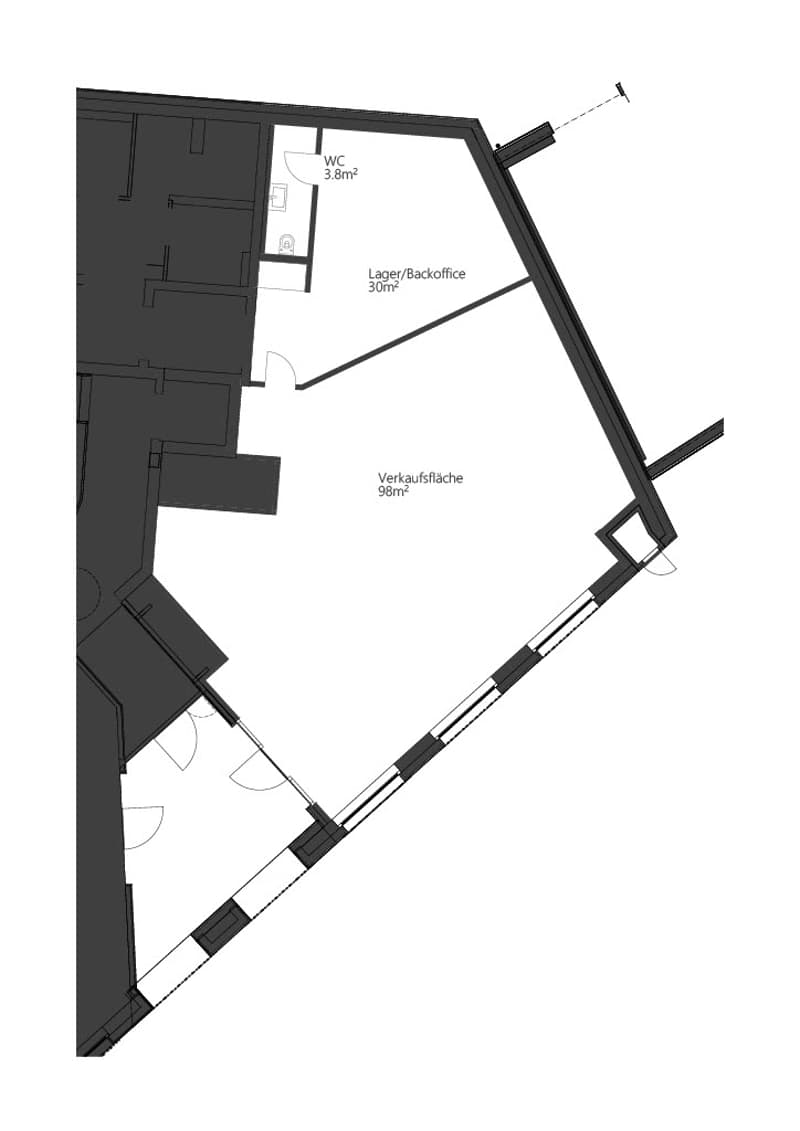 The image shows a floor plan with a sales/office area of 98 square meters, a lager/back office area of 30 square meters, and a WC of 3.8 square meters.