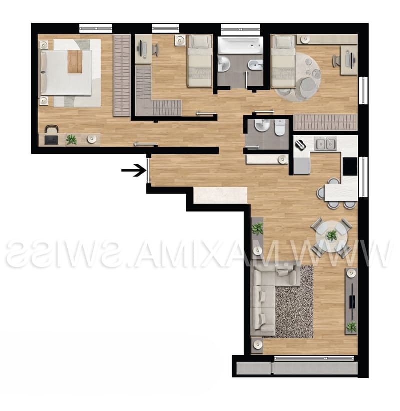 3 bedrooms, 2 bathrooms, kitchen, dining area, living area, balcony