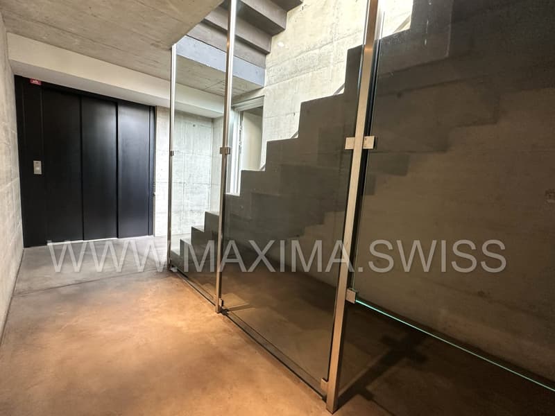 Concrete walls, concrete floor, stairs, entrance, glass wall