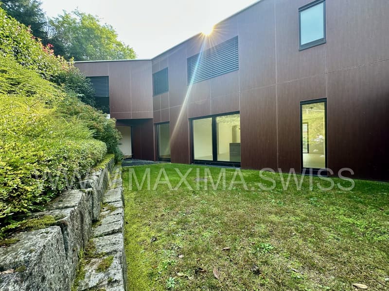 Modern house, brown exterior, large glass windows, stone wall, well-maintained garden