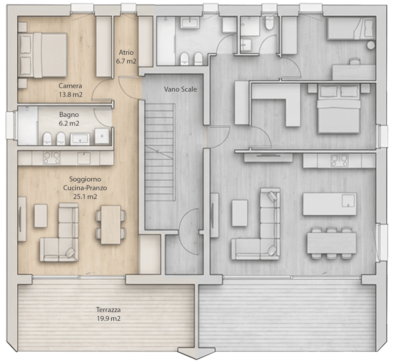 living room, kitchen, 2 bedrooms, 2 bathrooms, balcony, terrace, stairs