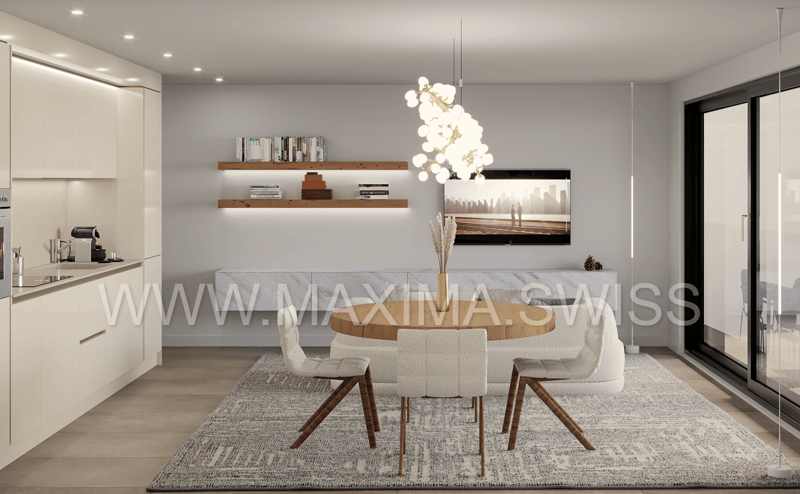 kitchen with built-in appliances, dining area with wooden table, glass windows, floating shelves