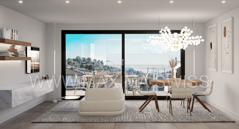 Open living space with large glass door, large chandelier, dining area with table and chairs, carpet, marble shelf, books and art on wall