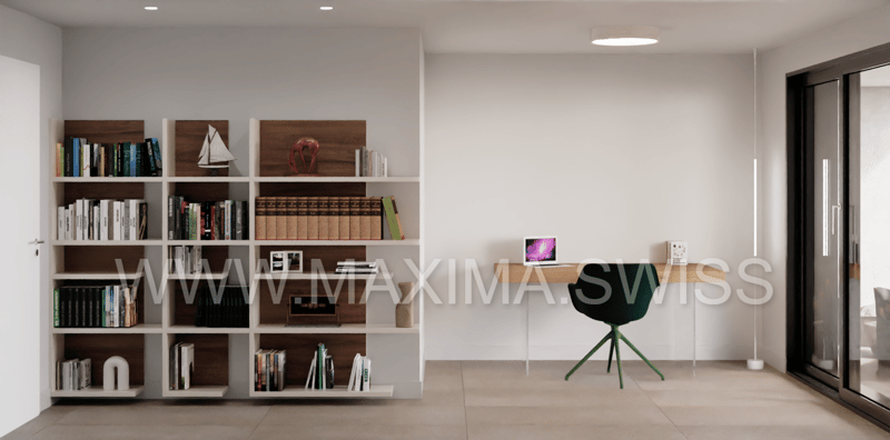 Desk with laptop, chair, bookcases, tile flooring, glass door