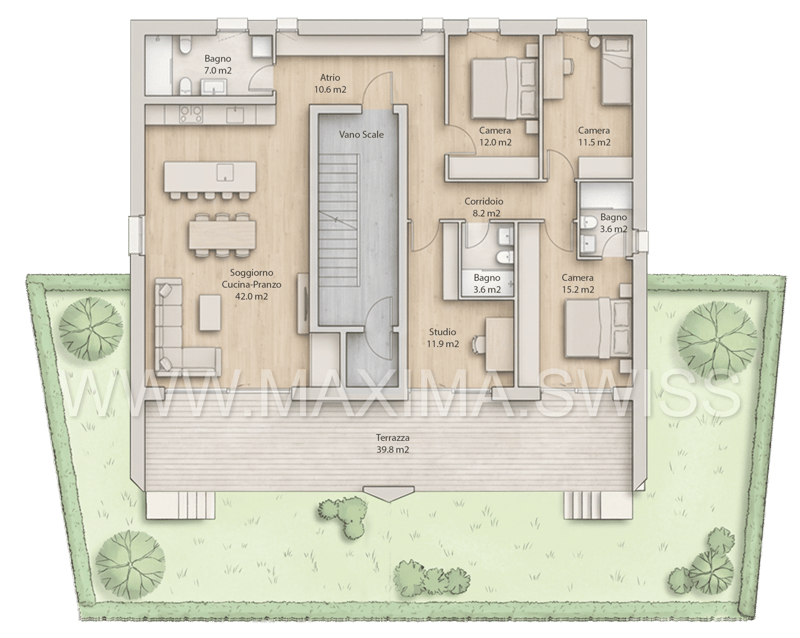 Floor plan with living room, kitchen, 2 bedrooms, 2 bathrooms, hallway, balcony, terrace