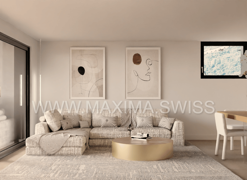 L-shaped sofa, rug, gold table, paintings, dining table, chairs