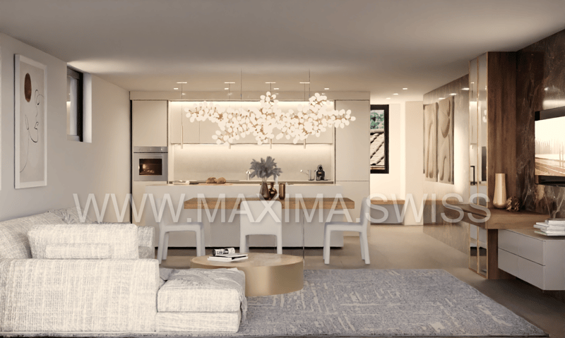 living room with large white sofa, wooden coffee table, dining area with large chandelier, kitchen with modern appliances