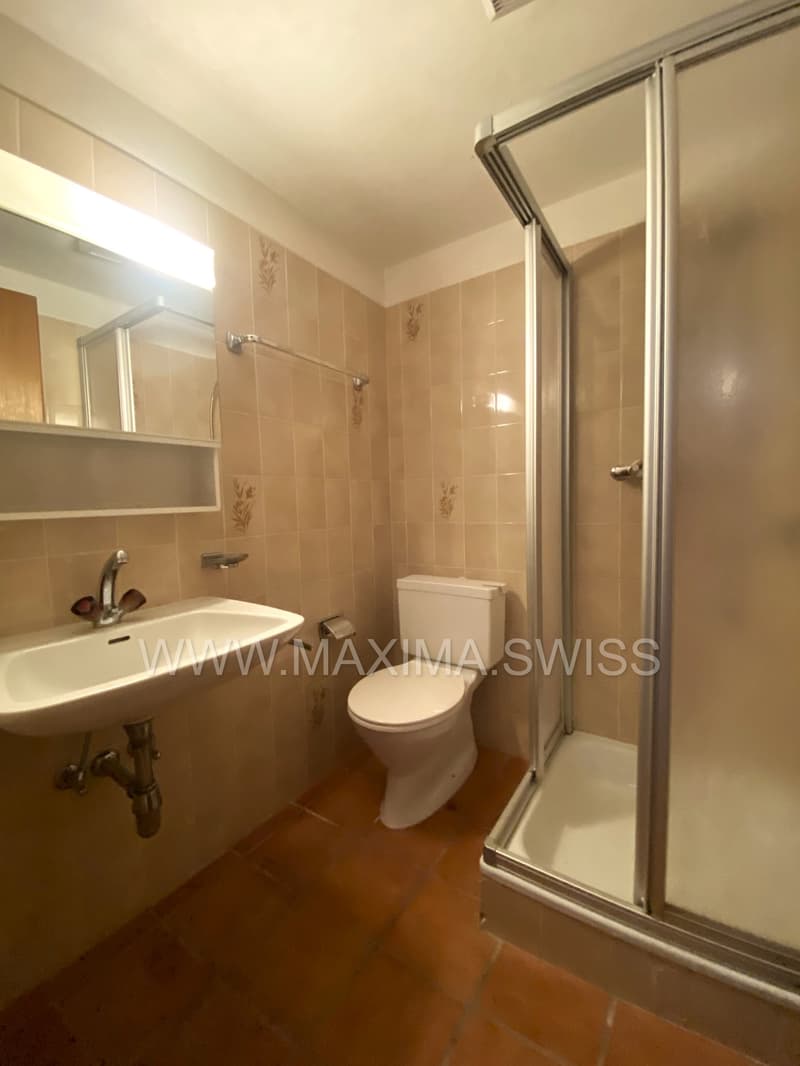 Bathroom with toilet, sink, shower cubicle, and mirror