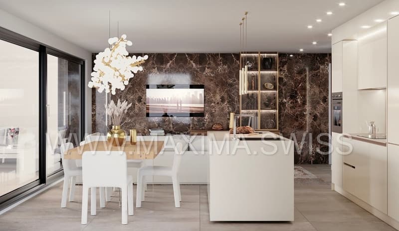 modern kitchen with dining area, white marble wall, large windows, chandelier, TV, dining table, chairs