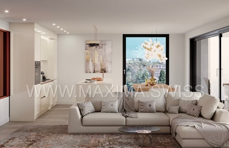 modern living room with large windows, beige sofa, coffee table, carpet, kitchen area, artwork