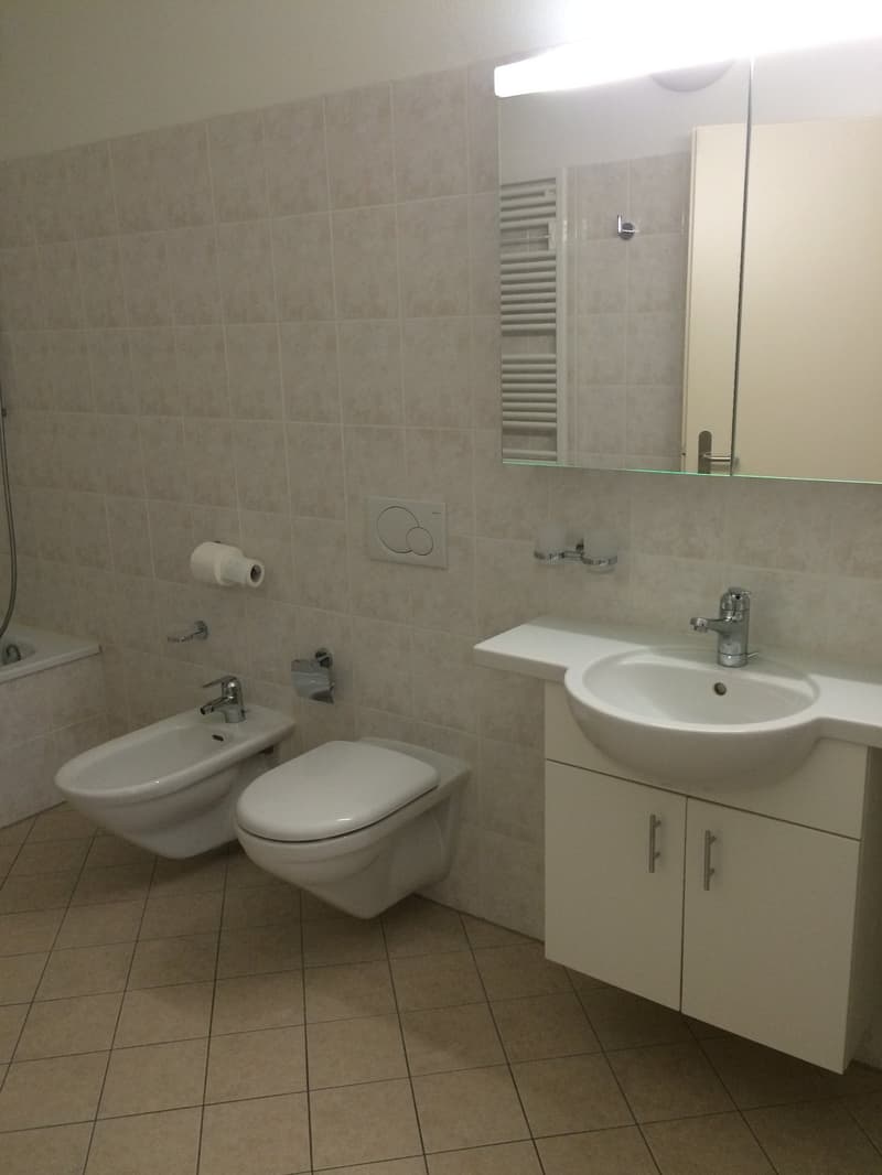 Bathroom features bidet, toilet, bathtub, mirror, and cabinets