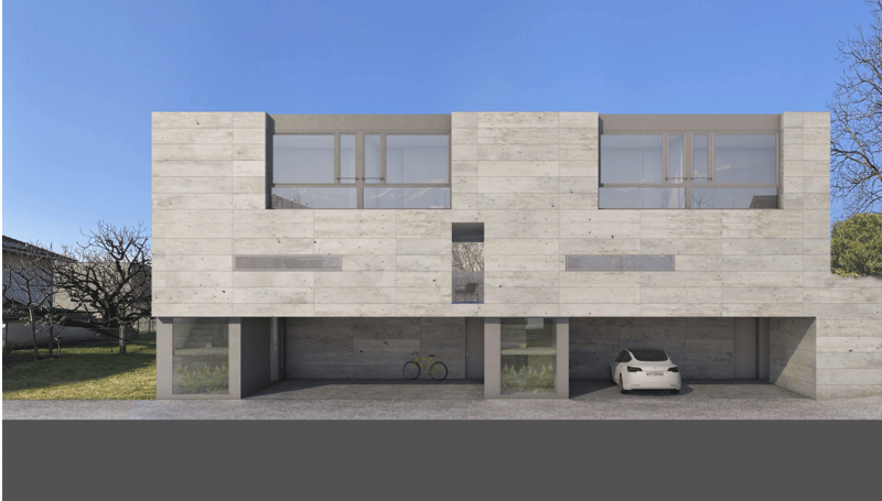 modern design, white concrete structure, 2 car garage, glass windows